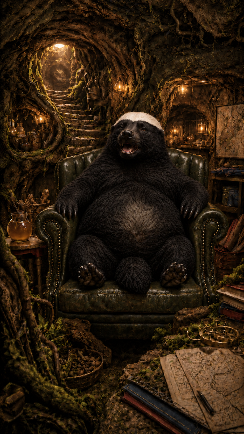 Badger seated in his underground den with both hands resting on the chair arms
