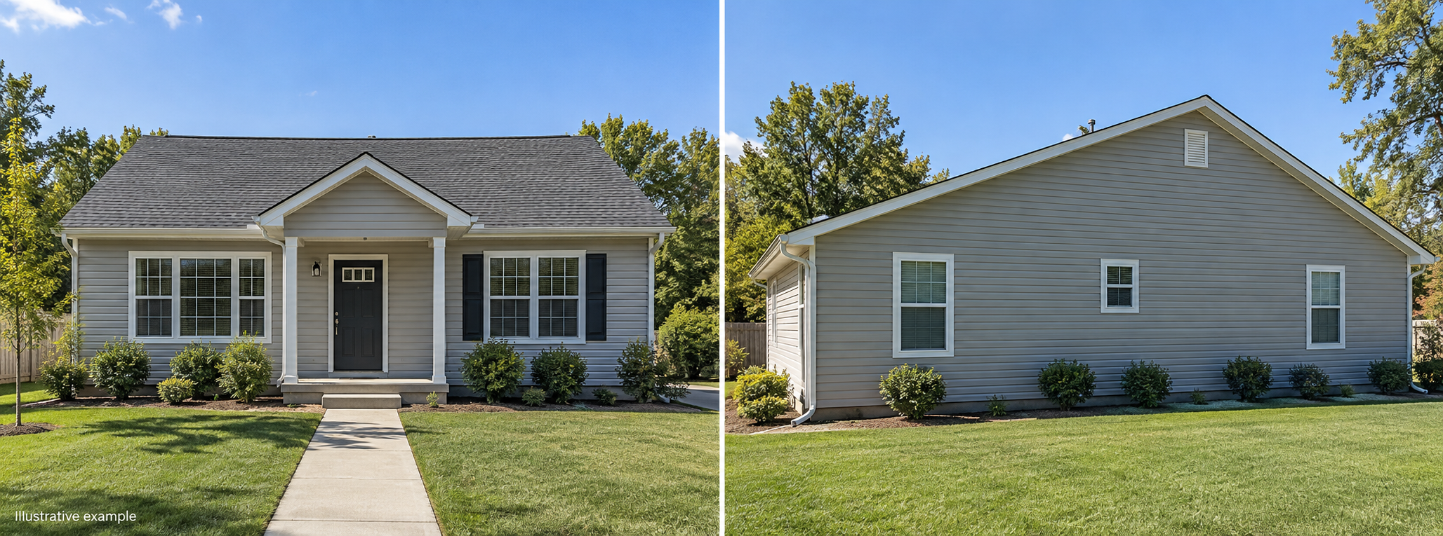 Illustrative whole front and side elevations, from roof edge to ground